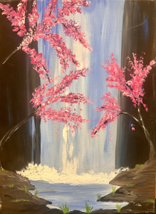 misty flower petals with cascading waterfall background