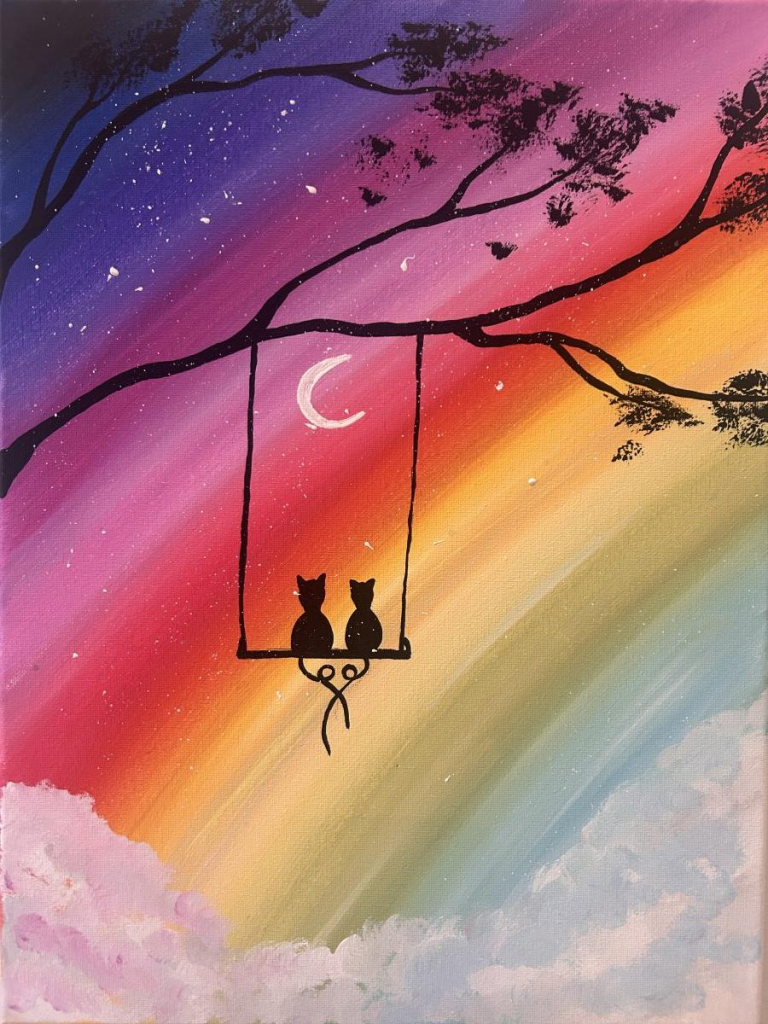 2 cats swinging, rainbow sky
