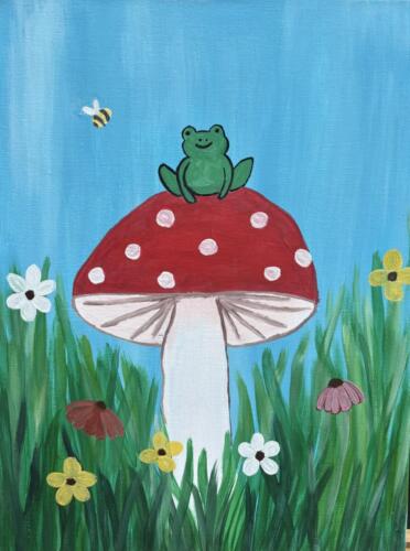 red and white mushroom with green frog on top